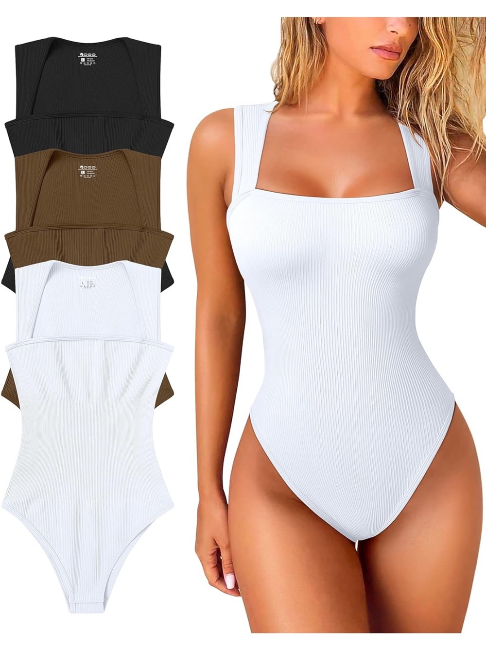 Ribbed Square Neck White, Black, Brown Bodysuit - Women